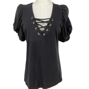 Boston Proper Black Puff Twist Sleeve Lace Up V Neck Top Women S Balletcore Goth